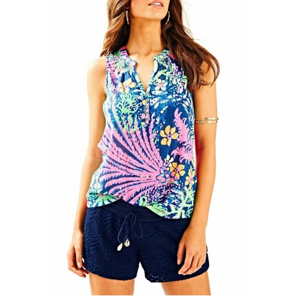 LILLY PULITZER Essie Tank Blouse Top Smocked Indigo All Glow Cotton Wome… - Picture 2 of 7